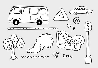 Cartoon Transportation Background for Kids with doodle toy cars,trees and traffic signs. 