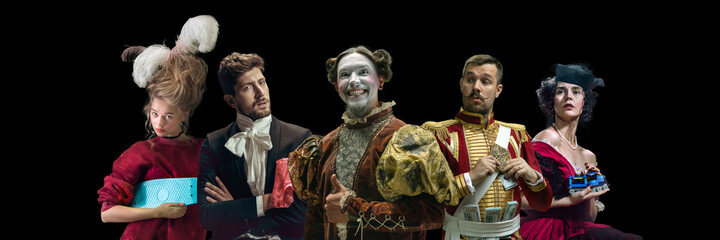 Serious. Collage on young people in medieval attire on dark background. Retro style, comparison of...