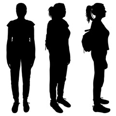 The three black female silhouettes are isolated on a white background. The tourist, the girl with the backpack, is standing still. Front view, side view.