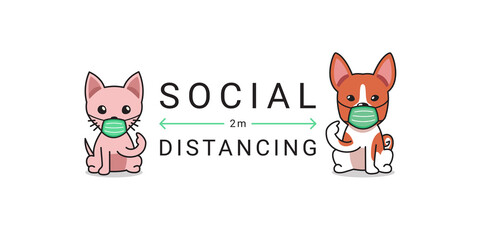Covid-19 protection concept cartoon cat and dog wearing protective face mask social distancing for design.