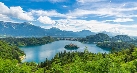 Fototapeta na wymiar Summer Lake Bled from viewpoint Ojstrica, Slovenia
