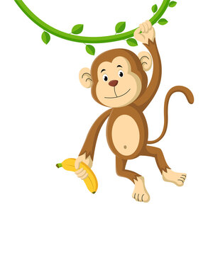 Cute cartoon monkey holding banana. Vector illustration