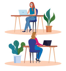 coworking space, women in desks with laptops, team working concept vector illustration design