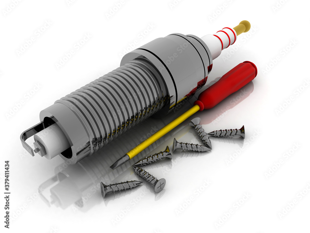 Poster 3d rendering technology spark plug and screw with screw driver