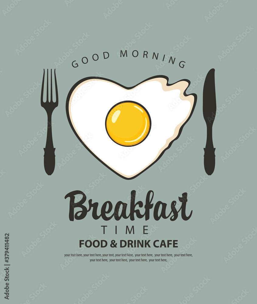 Poster vector banner or menu on the theme of breakfast time with fried egg in the shape of a heart, a fork 