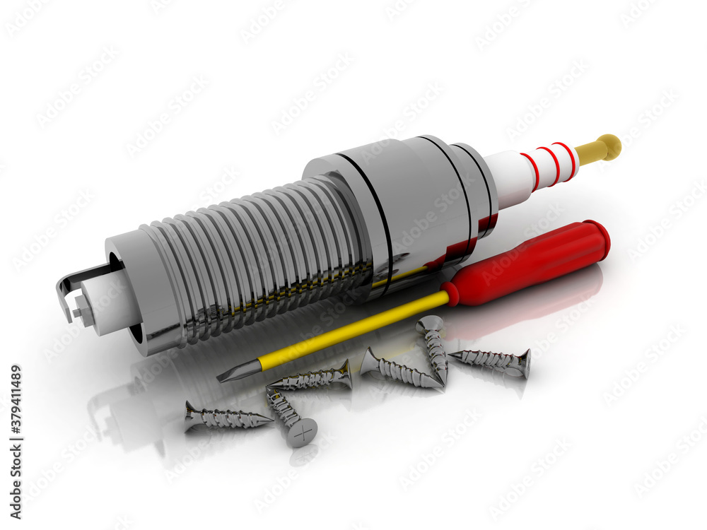 Poster 3d rendering technology spark plug and screw with screw driver