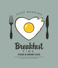Vector banner or menu on the theme of Breakfast time with fried egg in the shape of a heart, a fork and a knife on a yellow background with space for text in retro style