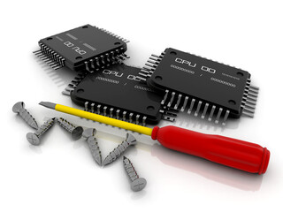 3d rendering computer ram  with screwdriver and screw