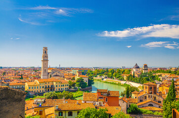 Aerial view of Verona historical city centre, Adige river, Verona Cathedral catholic church, Duomo di Verona, buildings with red tiled roofs, Veneto Region, Italy. Verona cityscape, panoramic view.