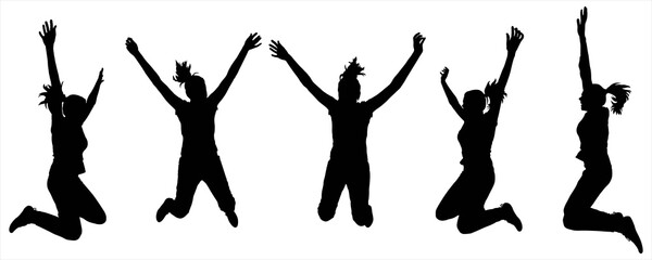 The girls are happy and jumping. Female body in a jump. Fun, celebration, dancing. Five black female silhouettes isolated on white background. Profile and frontal view.