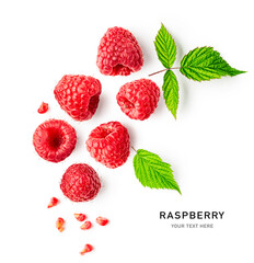 Raspberries and leaves creative layout