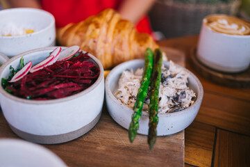 Beetroot salad and fish pate with asparagus