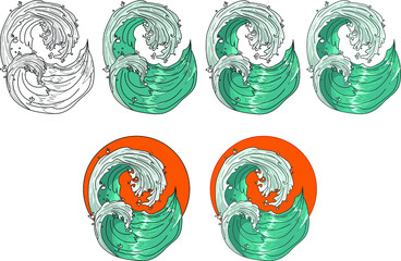 Realistic chinese style sea waves template set. Cartoon vector illustration in color and balck and white for games, background, pattern, decor. Print for fabric and other surface. Coloring paper, page