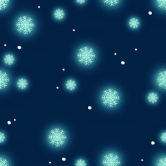 Cute winter season glowing snowflackes seamless pattern template. Night time cartoon vector illustration for games, background, pattern, decor. Print for fabrics and other surfaces.