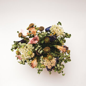 Top view of summer bouquet: variety of dried flowers