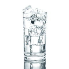 cold water with ice on glass isolated white background