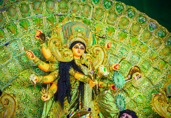 Close up view of Maa Durga's Face during Durga Puja festival. Durga Puja or Durgotsava,is an annual...