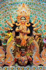Close up view of Maa Durga's Face during Durga Puja festival. Durga Puja or Durgotsava,is an annual...