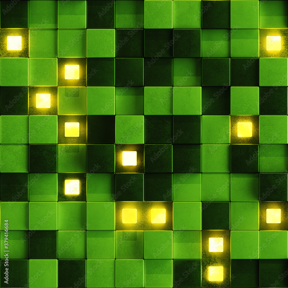 Aufkleber seamless pattern of green concrete wall with glowing cubes 3d rendering