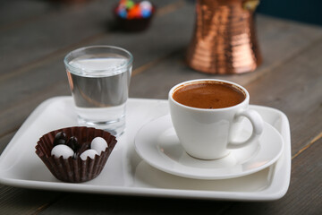 Turkish Coffee with traditional serving close up