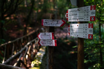 CAI's trekking signals near Cardona Bridge deep in the woods of Narni forest, Terni, Umbria, Italy