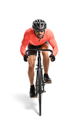 Obraz na płótnie Canvas Man with helmet and sunglasses riding a custom road bicycle towards the camera