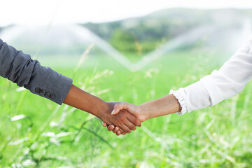 Business women shaking hands in a green field with sprinkles