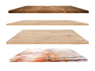 Isolated collection empty top of of perspective luxury white brown wood and marble shelves on white background use for showing product advertisement. Clipping path. 