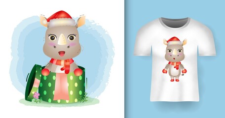 cute rhino christmas characters using santa hat and scarf in the gift box with t-shirt design