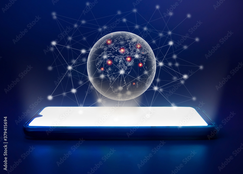 Aufkleber concept of global network and world of communication using mobile hologram graphics as a narrative.