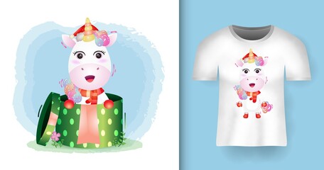 cute unicorn christmas characters using santa hat and scarf in the gift box with t-shirt design