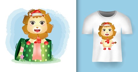 cute lion christmas characters using santa hat and scarf in the gift box with t-shirt design