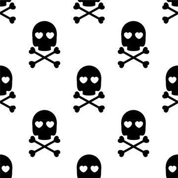 skull and crossbones seamless pattern. black skull silhouette with hearts in your eyes on a white background. Gothic vector illustration, print