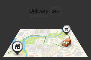 City map delivery navigation route, point markers delivery van, drawing schema itinerary delivery car, city plan GPS navigation itinerary destination arrow city map. Route check point business graphic