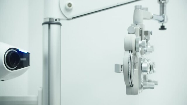 Slit Lamp eye control and autorefractor at optometrist clinic. High quality 4k footage