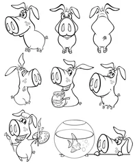 Rolgordijnen Illustratie van een schattig stripfiguur varken voor jou ontwerp en computerspel. Kleurboek overzichtsset © liusa