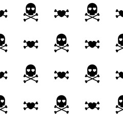 Skulls and hearts crossbones. Seamless pattern. black skull silhouette with hearts in your eyes on a white background. flat vector illustration. Gothic vector illustration, print.
