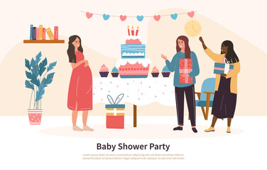 Group of friends attending a baby shower bringing gifts to party with a pregnant young woman, Woman Celebrating Pregnancy. Colored vector illustration