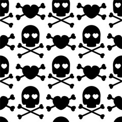 Skulls and hearts crossbones. Seamless pattern. black skull silhouette with hearts in your eyes on a white background. flat vector illustration. Gothic vector illustration, print.