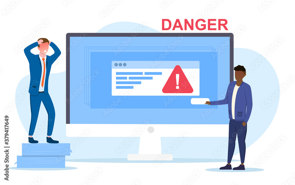 Poster danger concept with warning triangle on a computer screen and one man wringing his hands in panic as