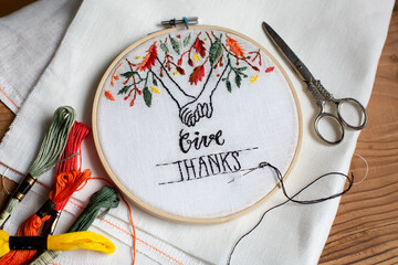 Handmade embroidery with Thanksgiving theme in a hoop