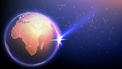 High tech innovations and cyber connections concept. Planet Earth surrounded by polygonal mesh representing global network, vector illustration. Copy space for text.
