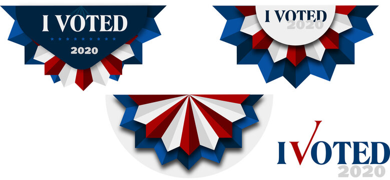 Vektor Banner Vote 2020, I Voted, Präsidentschaftswahlen, Pin mit weißen, roten und blauen Elementen, Button mit Schriftzug 