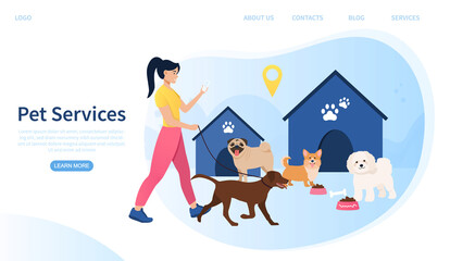 Web page template for web services showing a young woman walking a dog and feeding other dogs in their kennels, colored vector illustration