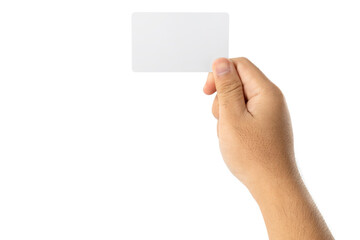Male hand holding blank business card on white background for text or design Blank credit card templates for contact or business use.