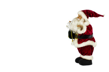 Santa Claus in a red suit and a large bag with gifts on a white background, kind of on the side.