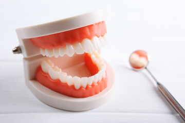 model of teeth and dental instruments and dental care products on a light background with a place...