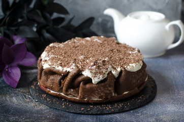 Pancake cake with cream cheese and cherries