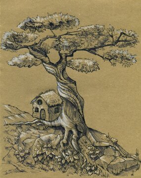 A tree on the slope and a small gnome house. Linear drawing on craft paper
