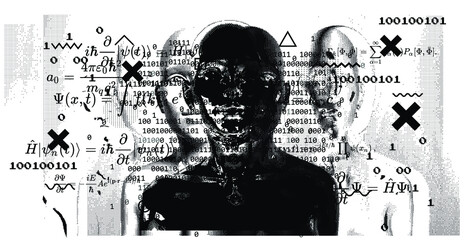 Abstract technology background with binary code and human silhouette. Conceptual illustration of Artificial intelligence, Cryptography and Cyber Security.